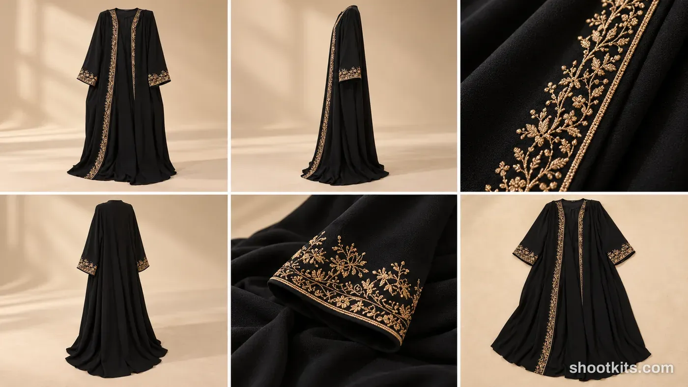 After: an embroidered abaya photographed with the Modest fashion clean product campaign kit