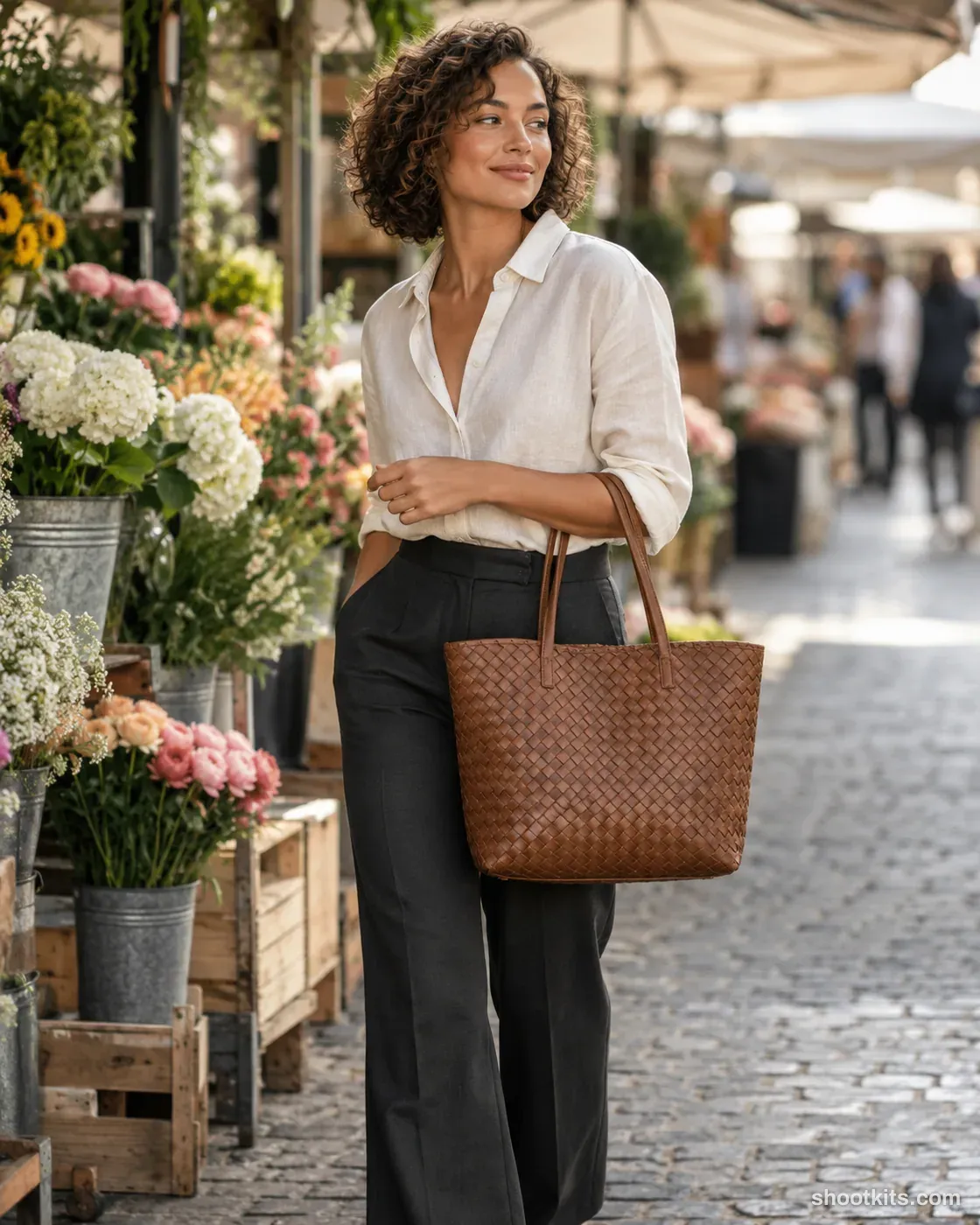 Weekend market: bag photo made with ChatGPT. Quiet flower-market aisle with blurred stalls.