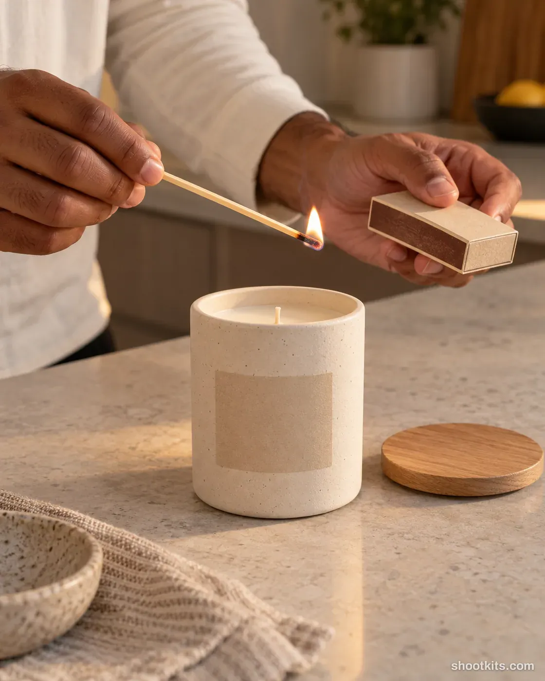 Match strike: candle photo made with ChatGPT. Neutral kitchen counter.