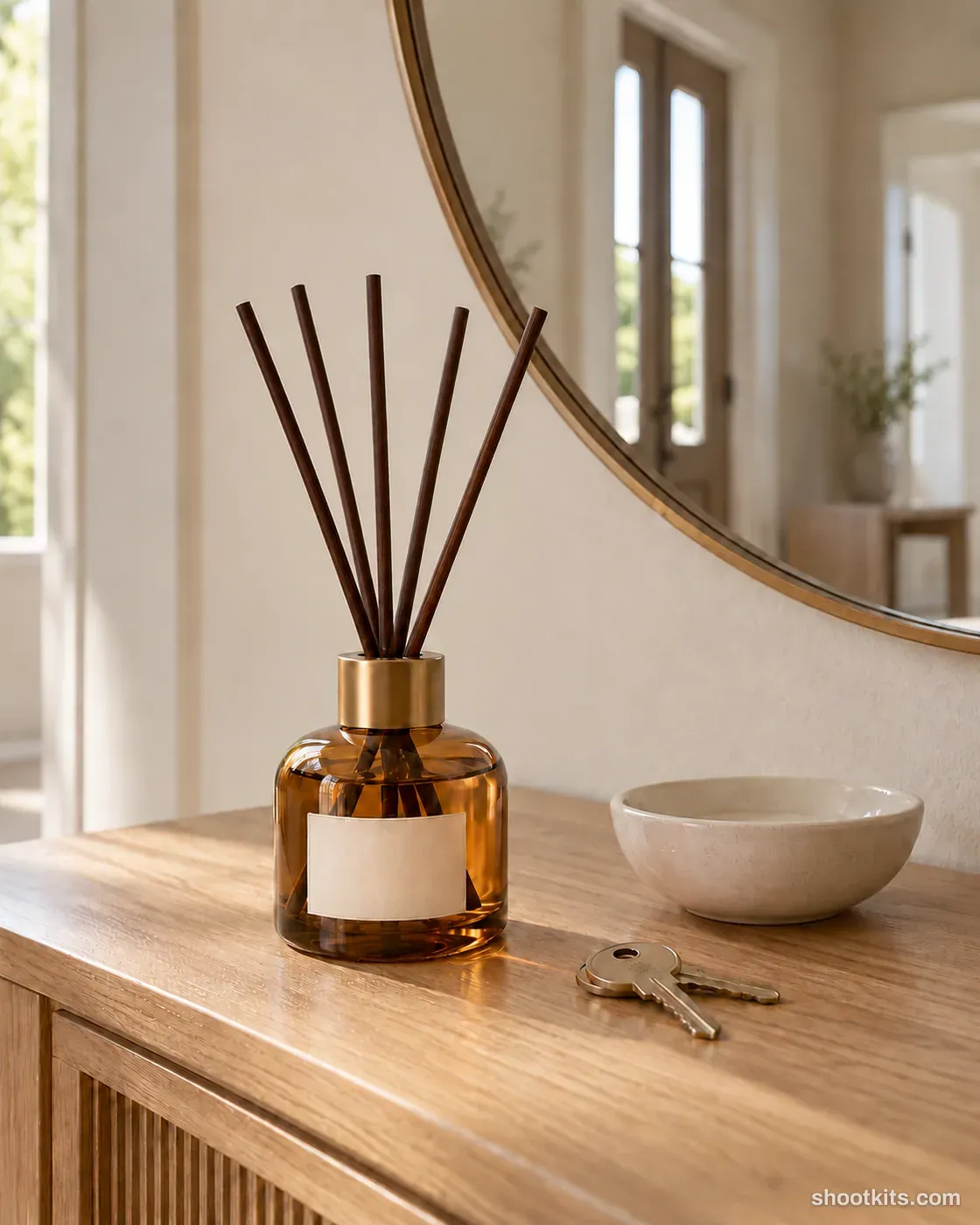 Reed diffuser: candle photo made with ChatGPT. Entryway console with a mirror.