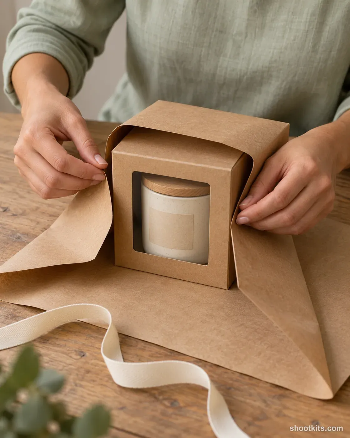 Gift wrapping: candle photo made with ChatGPT. Table with kraft paper and ribbon.