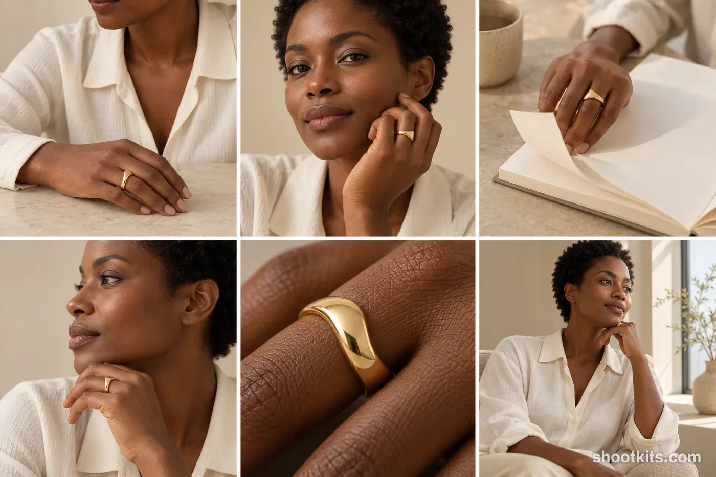 6-panel minimalism jewelry studio shoot with a model made with ChatGPT