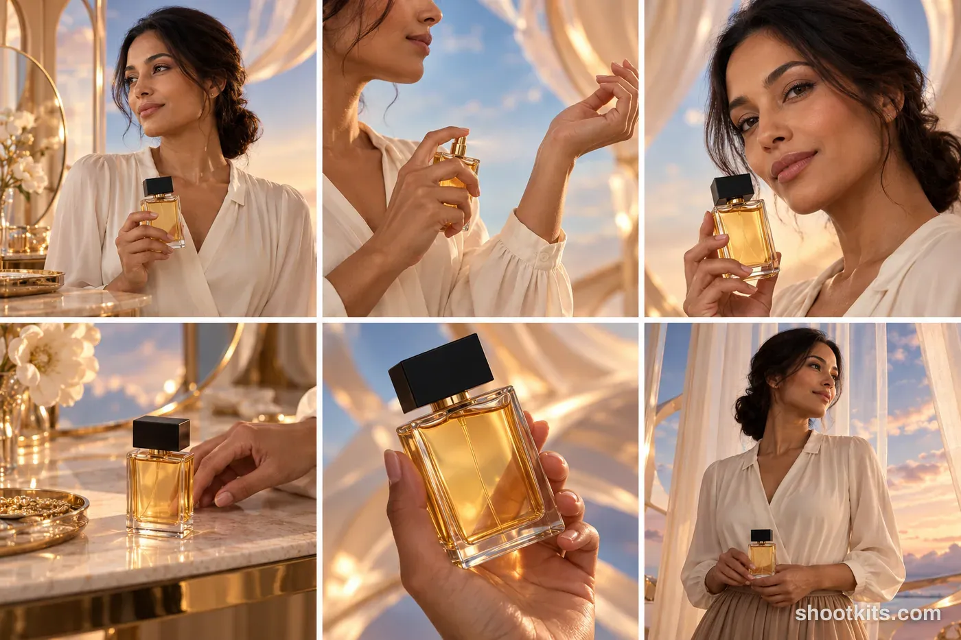 6-panel surrealism perfume studio shoot with a model made with ChatGPT