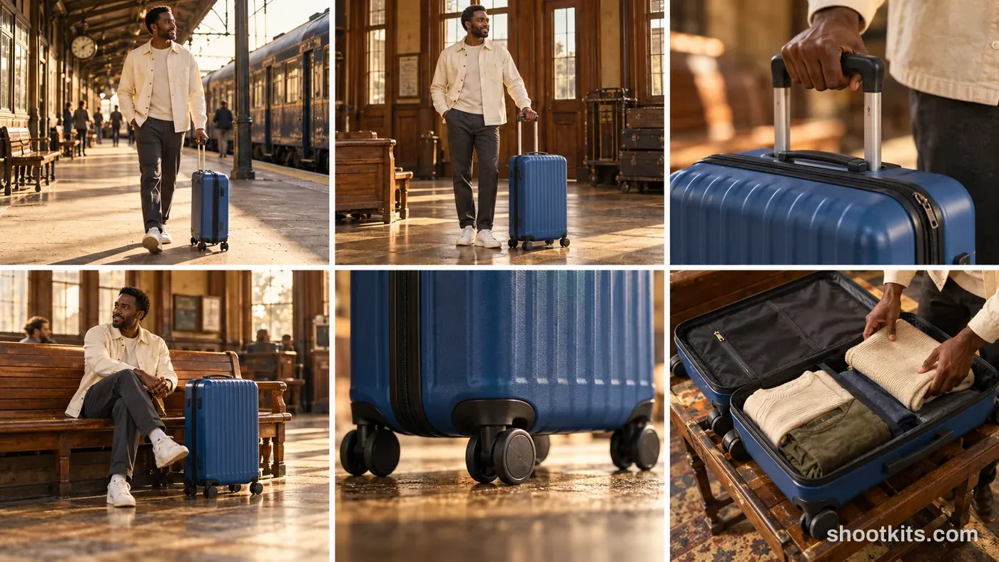 6-panel vintage / film luggage lifestyle shoot made with ChatGPT
