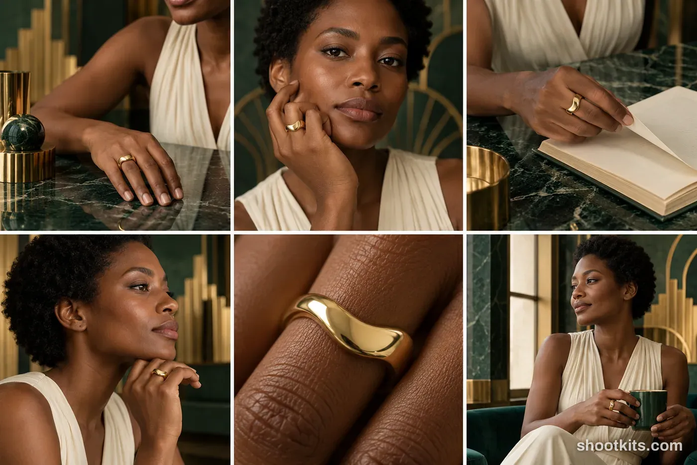 6-panel art deco jewelry studio shoot with a model made with ChatGPT