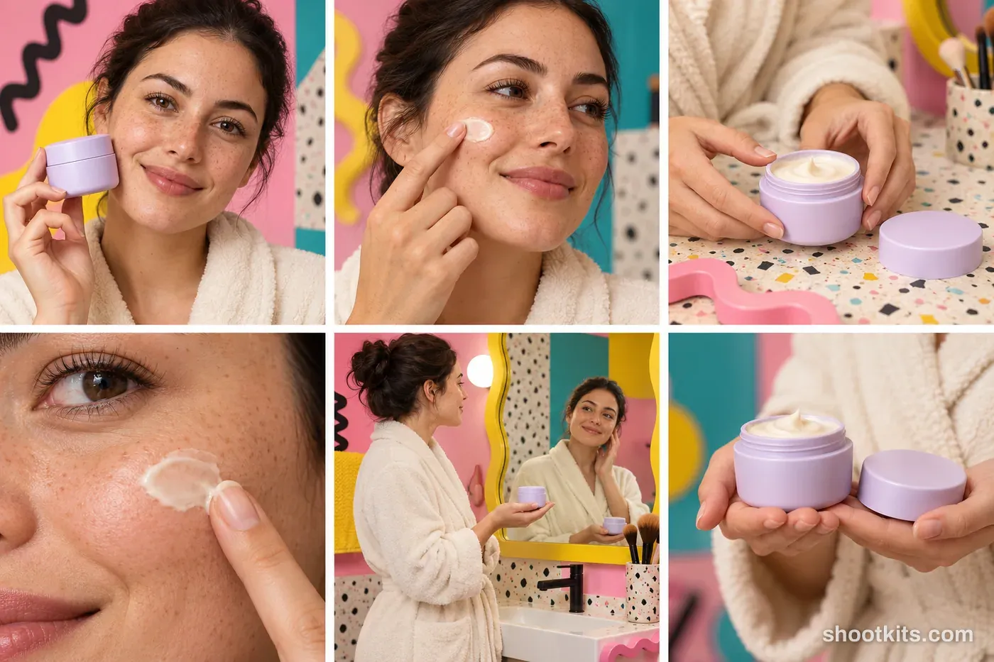 6-panel memphis skincare studio shoot with a model made with ChatGPT
