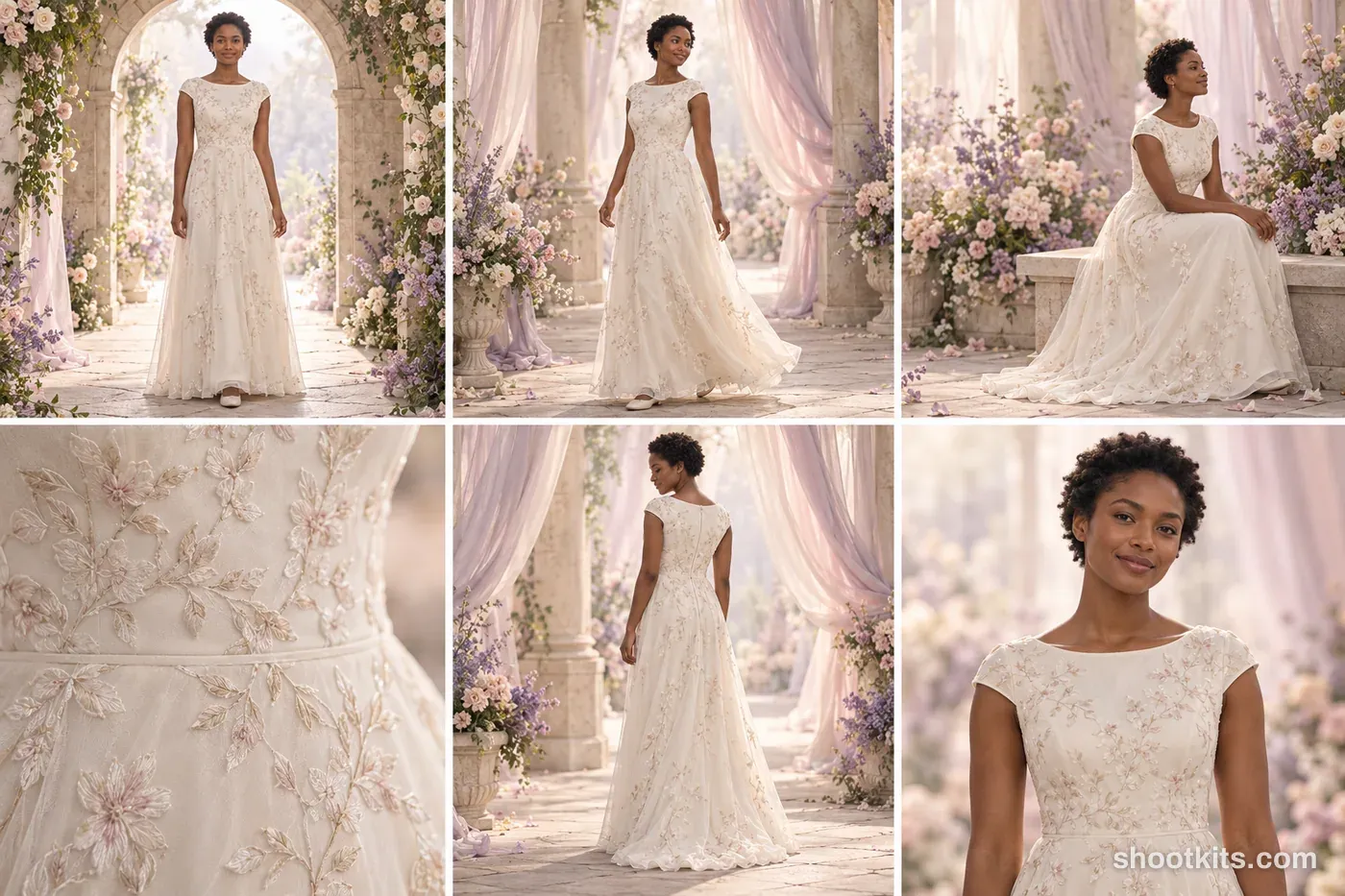 6-panel romantic / ethereal bridal studio shoot with a model made with ChatGPT