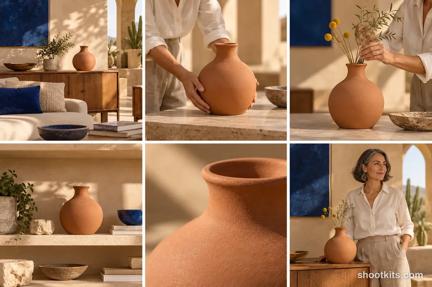 6-panel desert modernism homeware studio shoot with a model made with ChatGPT