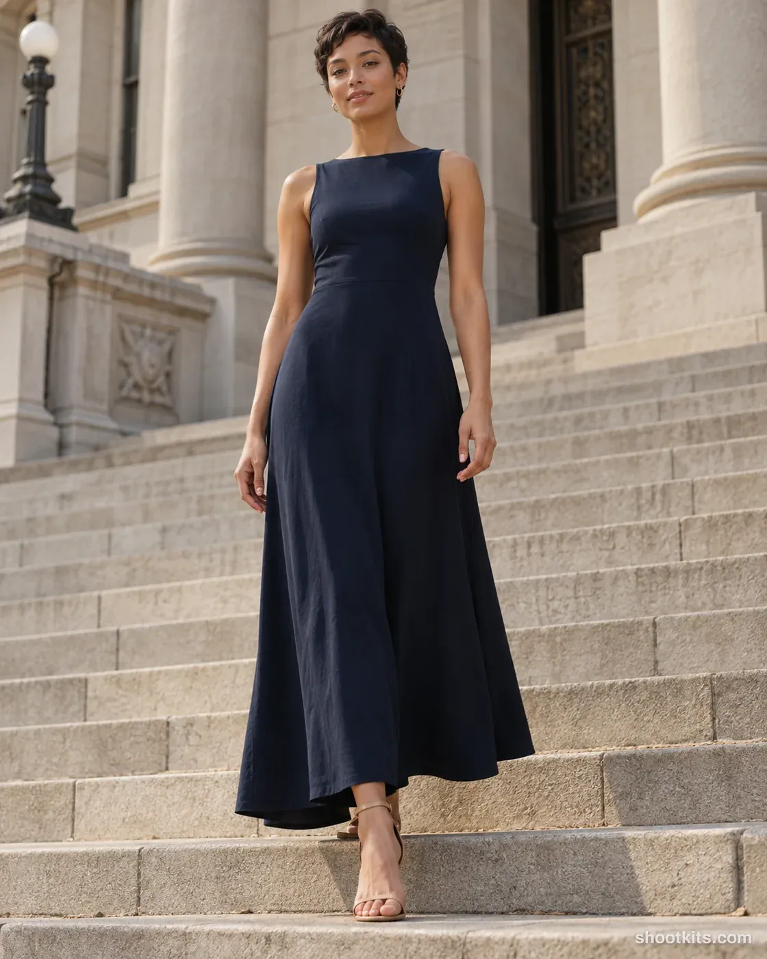 Staircase pause: dress photo made with ChatGPT. Wide stone exterior staircase.