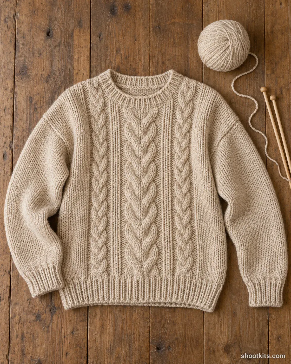Knitwear flat lay: handmade piece photo made with ChatGPT. Wooden floor.