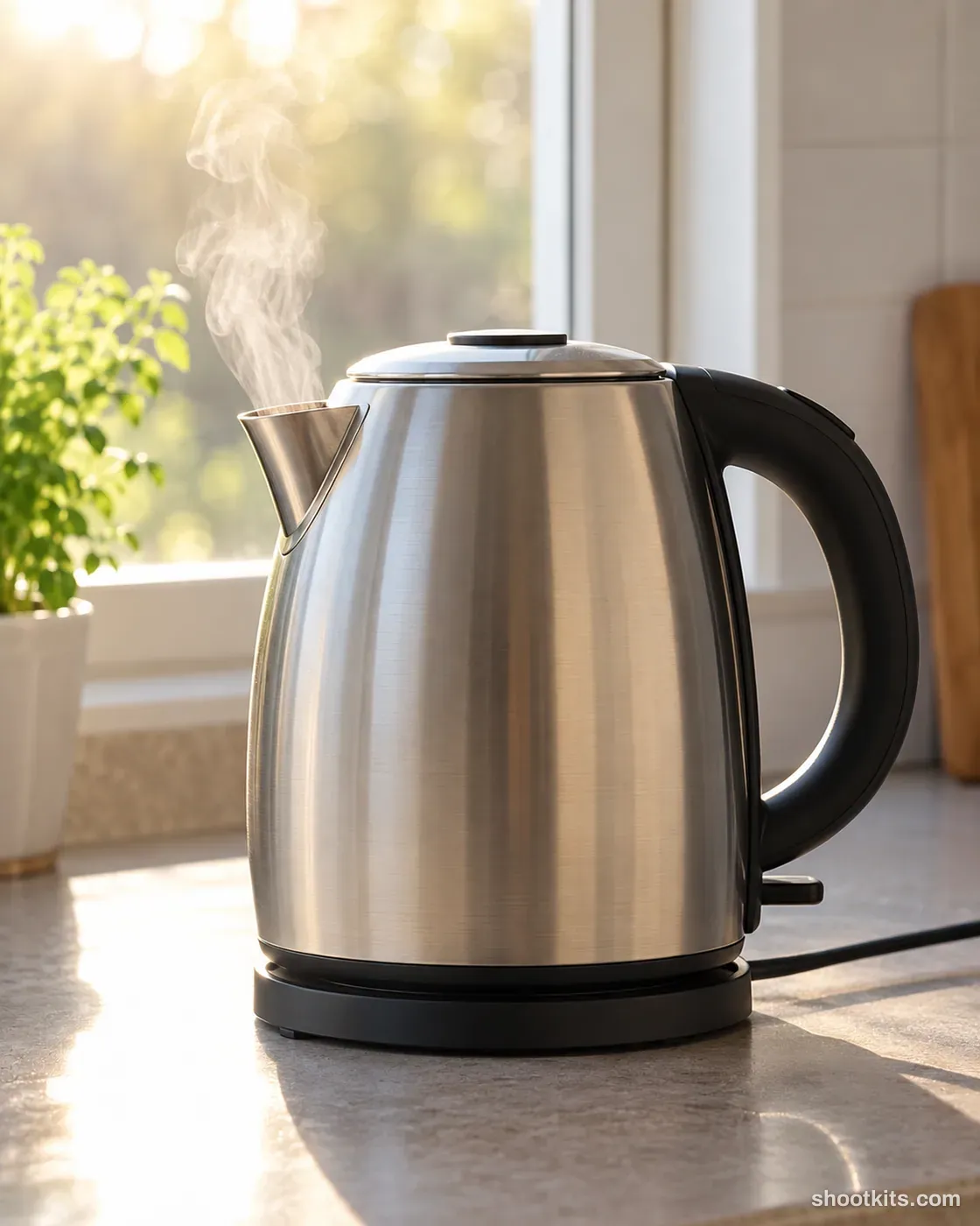 Kettle steam: kitchen appliance photo made with ChatGPT. Minimal kitchen by a window.