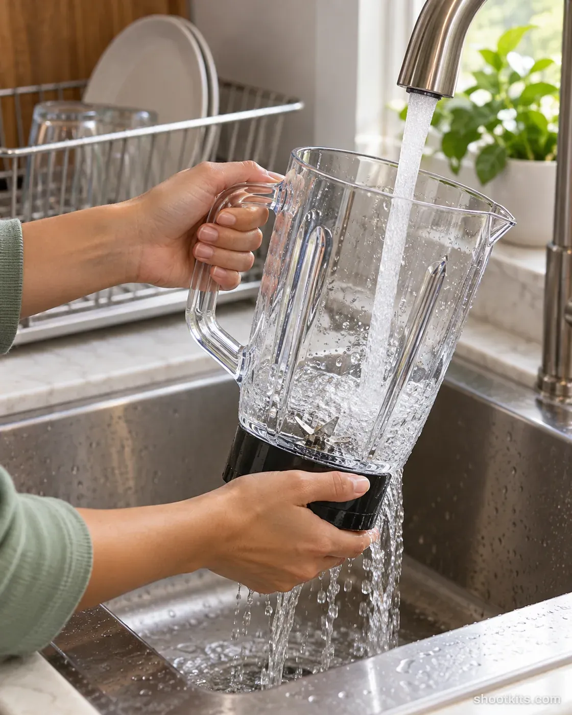 Clean-up: kitchen appliance photo made with ChatGPT. Sink area with dish rack.