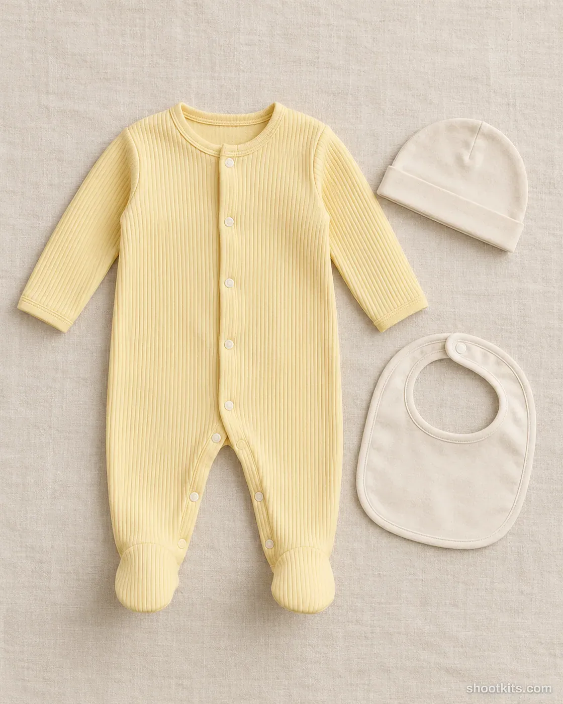 Flat lay set: kids product photo made with ChatGPT. Cream linen surface.