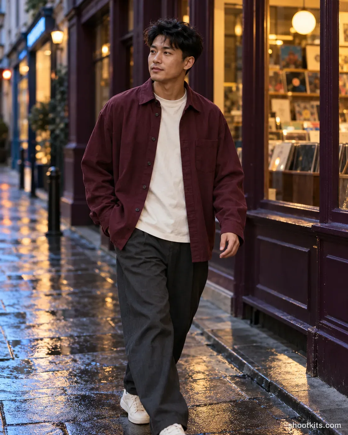 Man in a burgundy overshirt walking past a record store on a wet evening street.