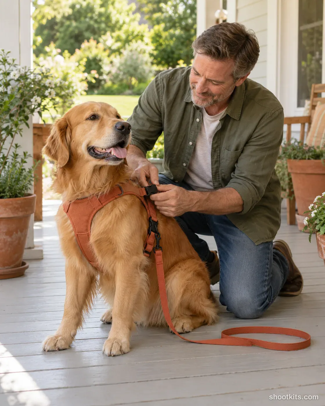 Man adjusting a terracotta harness on a golden retriever on a shaded porch.