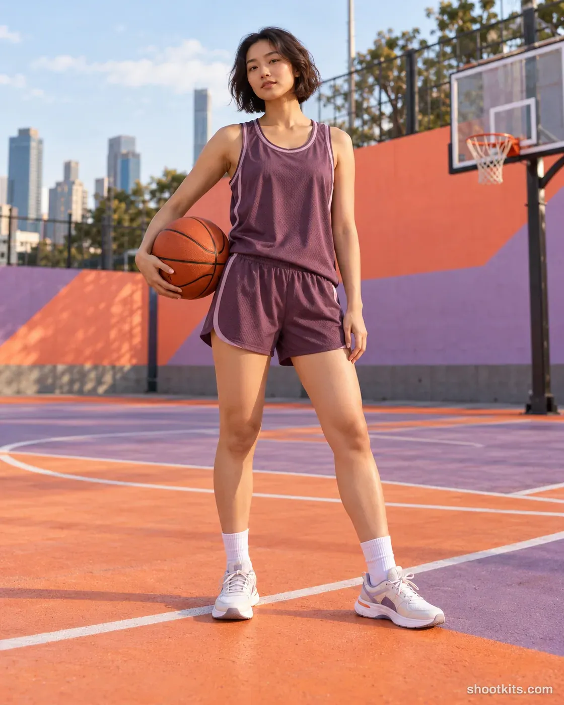 Basketball player holding an orange ball on a coral-and-lavender outdoor court.