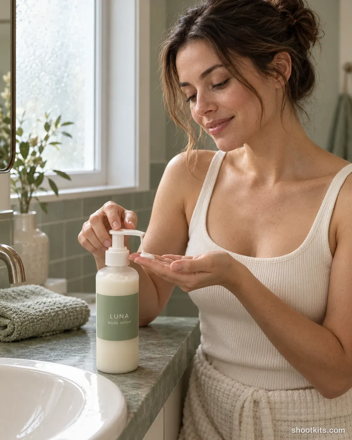 After: a body lotion photographed with the Washstand pump ritual kit