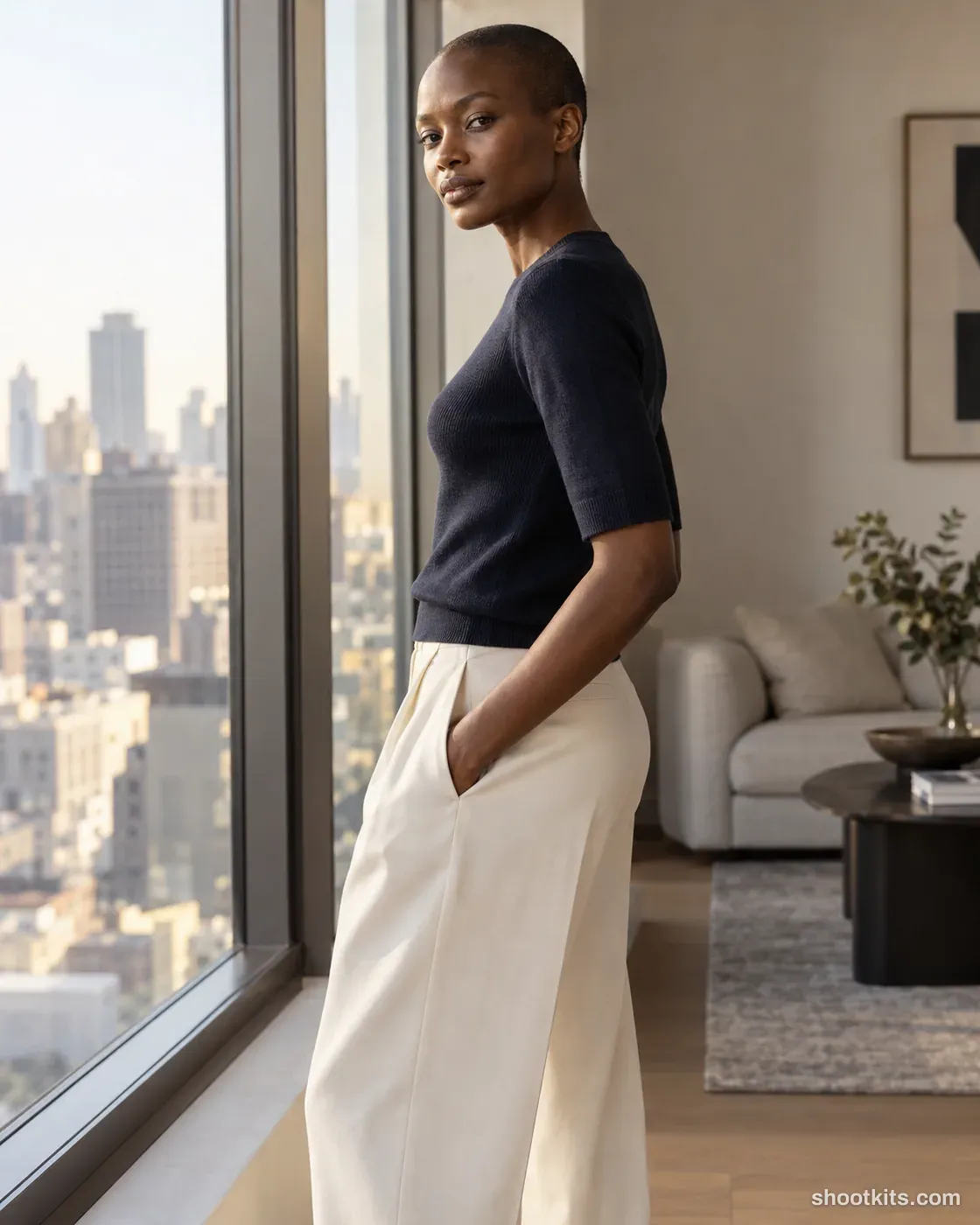 Penthouse window: luxury fashion photo made with ChatGPT. Understated city apartment near a tall window.