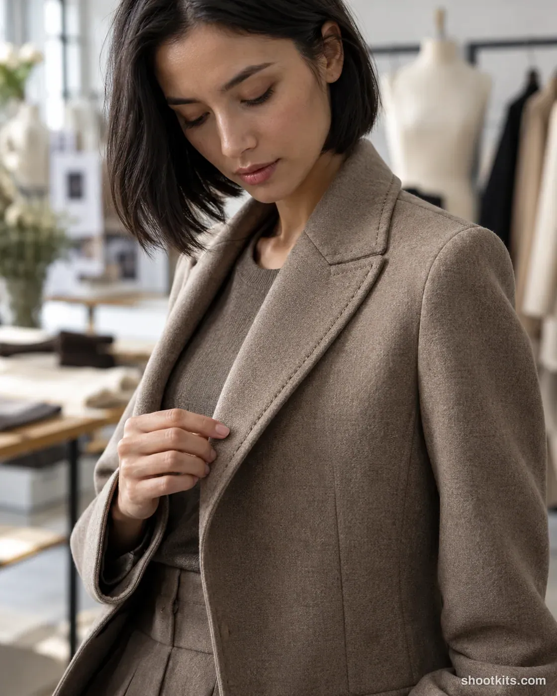 Atelier detail: luxury fashion photo made with ChatGPT. Uncluttered fashion atelier with softly blurred background.
