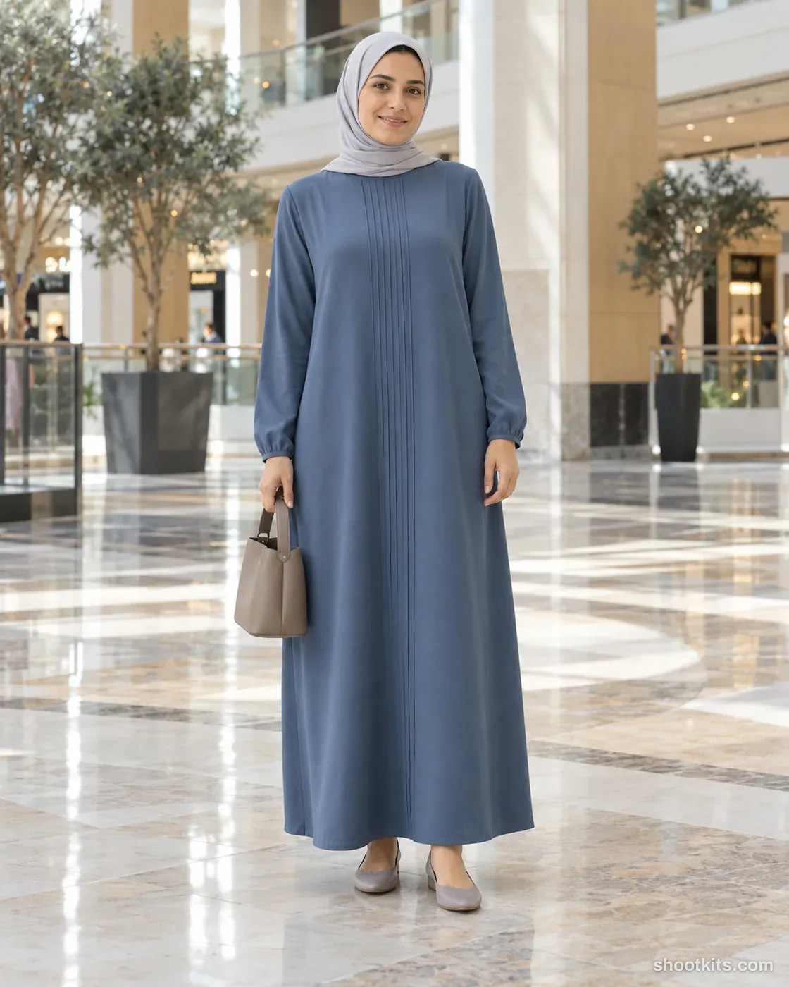 Mall atrium: modest fashion photo made with ChatGPT. Bright contemporary atrium with marble floor.