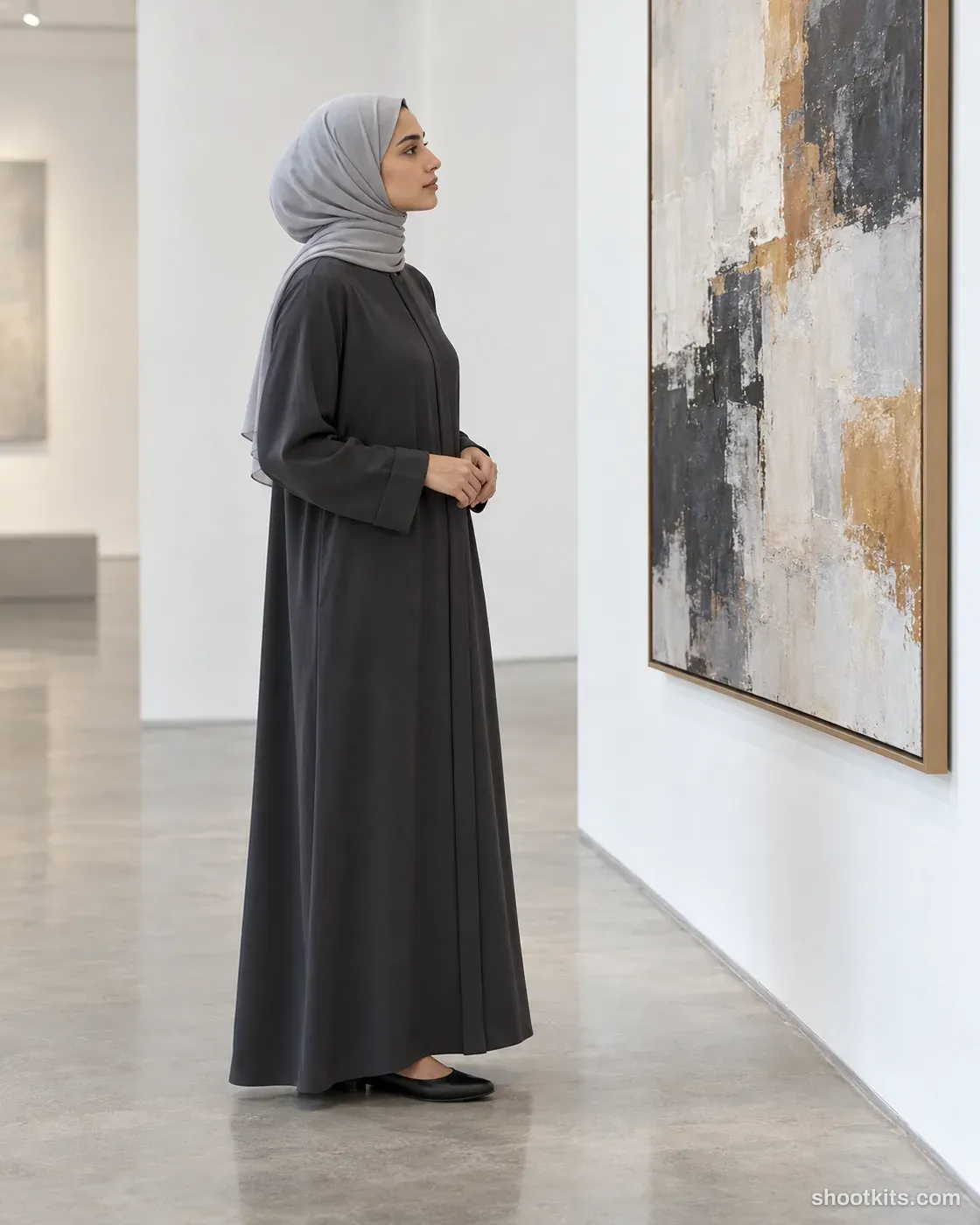 Gallery wall: modest fashion photo made with ChatGPT. Minimal art gallery with white walls.