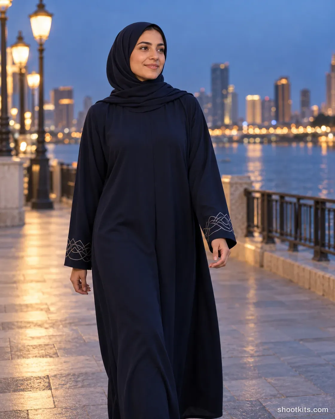 Evening lights: modest fashion photo made with ChatGPT. Waterfront promenade at blue hour.