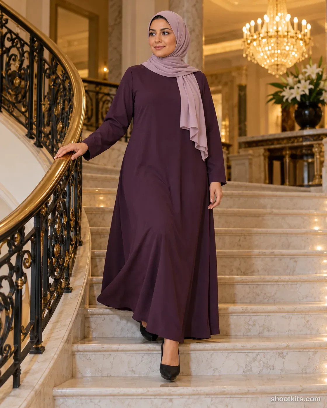 Staircase descent: modest fashion photo made with ChatGPT. Elegant hotel staircase.