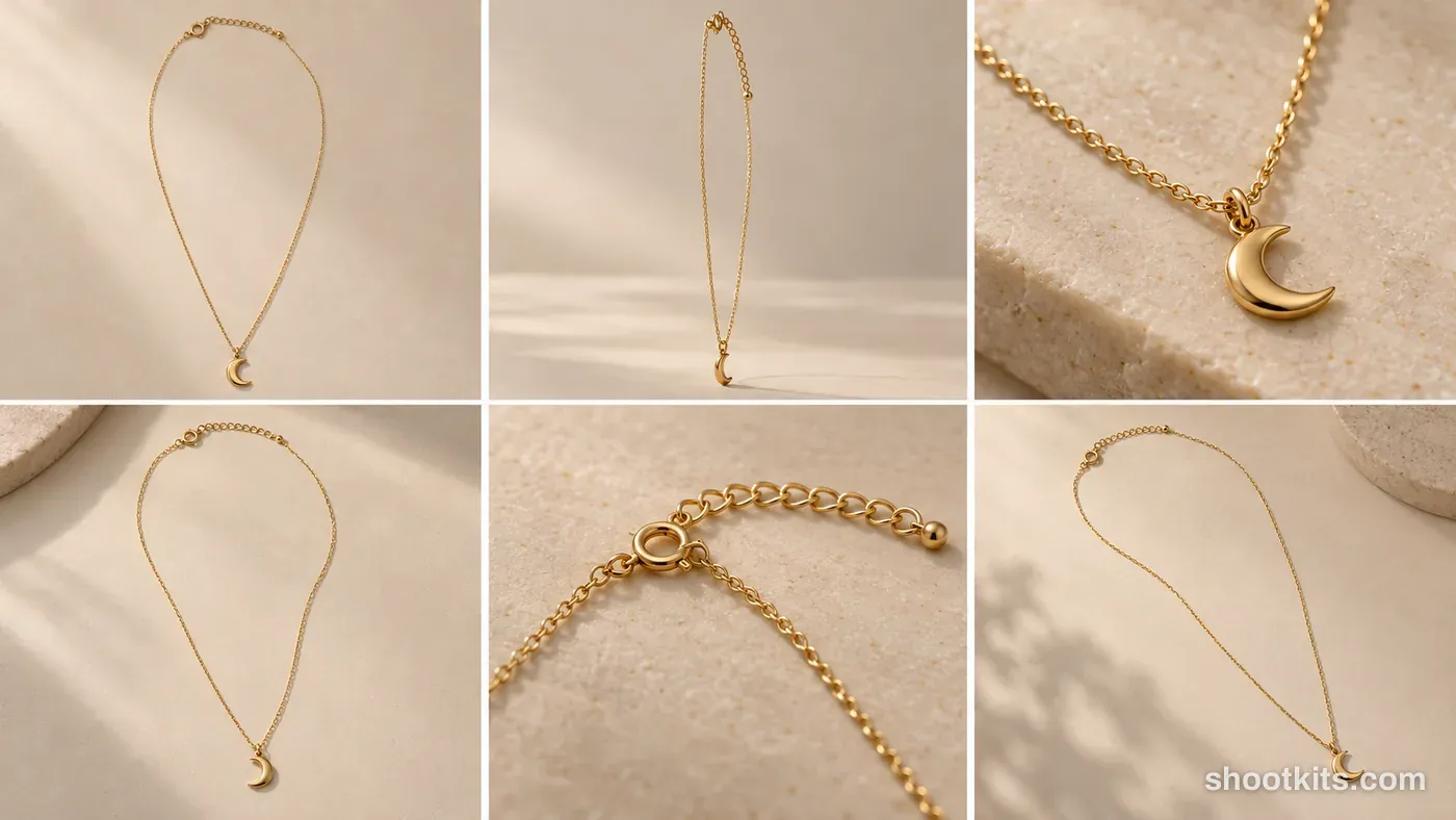 After: a gold necklace photographed with the Minimalism jewelry product shots kit