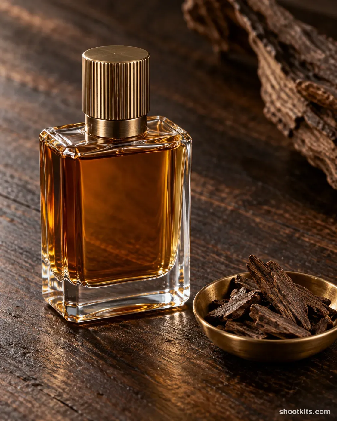 Oud chips still life: oud fragrance photo made with ChatGPT. Dark wooden board.