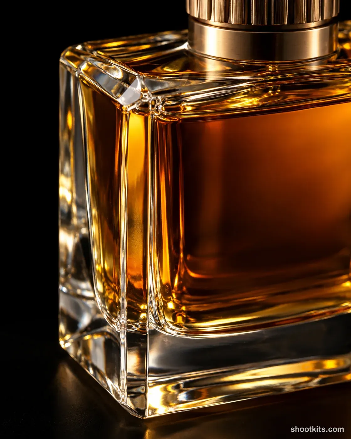 Glass facets: oud fragrance photo made with ChatGPT. Black seamless.
