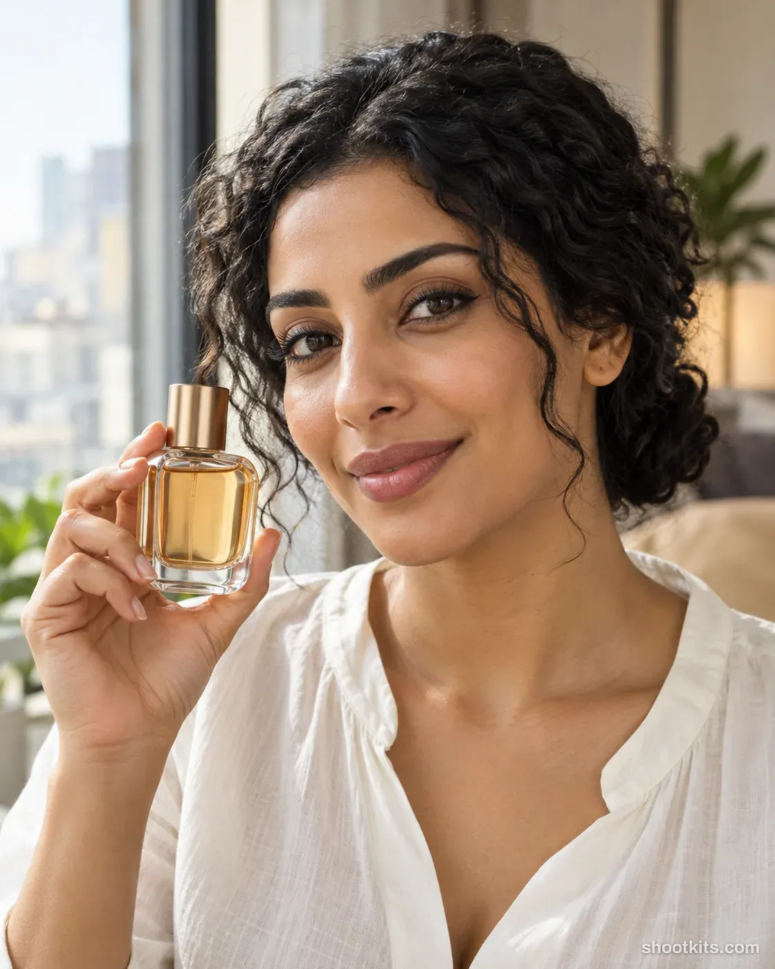 Signature scent: oud fragrance photo made with ChatGPT. Modern apartment by a window.