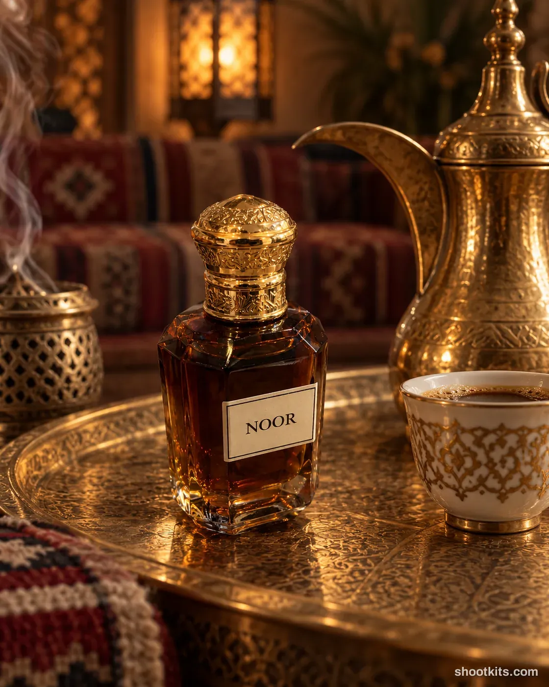 After: an oud perfume bottle photographed with the Majlis table kit