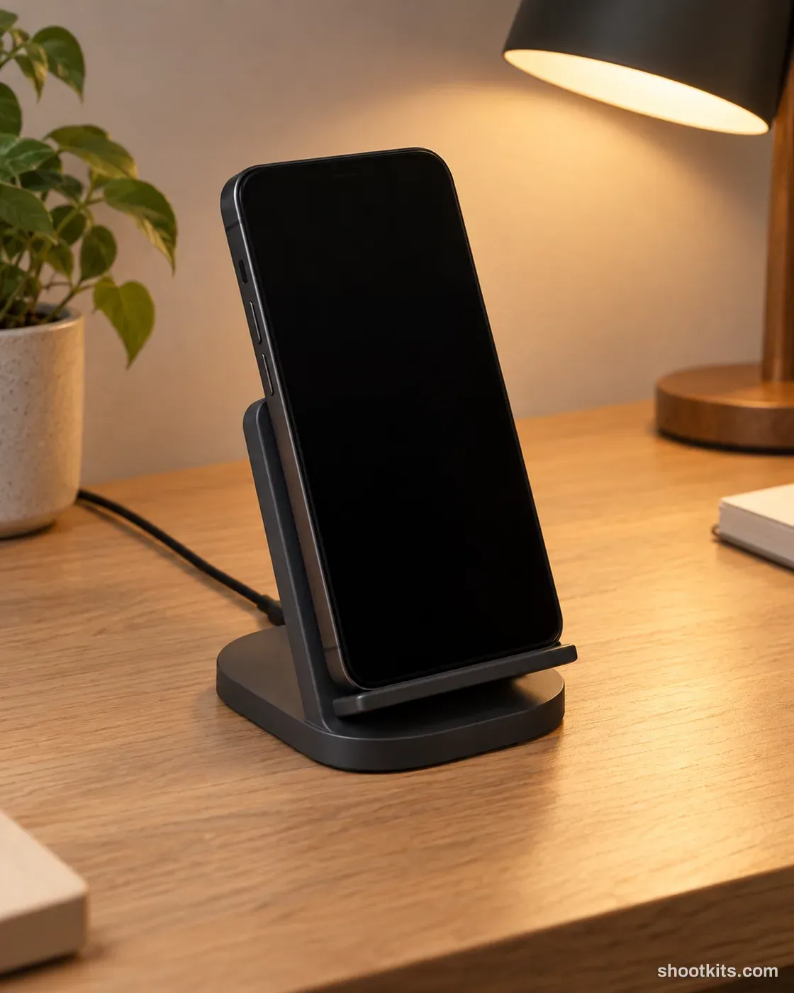 Desk charging: tech accessory photo made with ChatGPT. Minimal desk with a lamp.