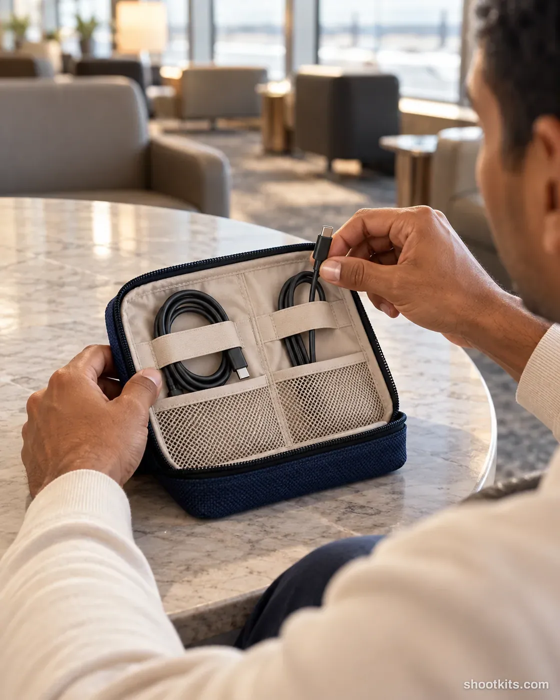 Travel pouch: tech accessory photo made with ChatGPT. Airport lounge.