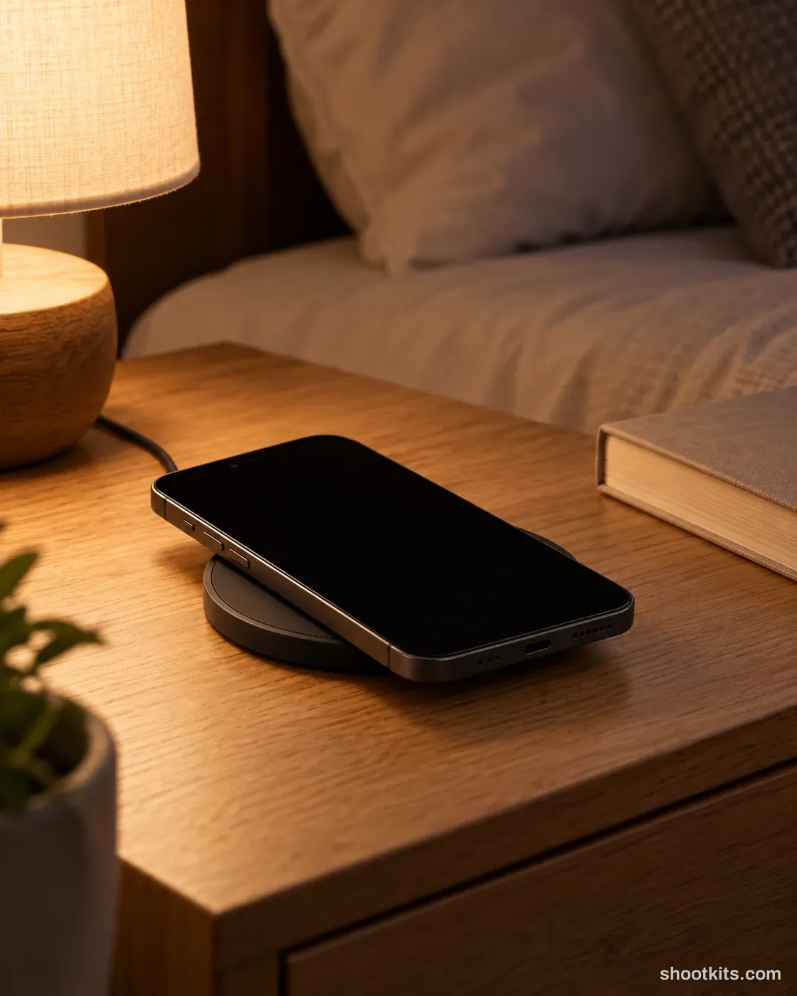Bedside dock: tech accessory photo made with ChatGPT. Bedside table at night.