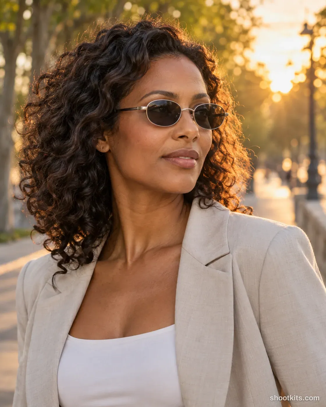 Golden-hour glance: sunglasses photo made with ChatGPT. Tree-lined avenue at sunset.