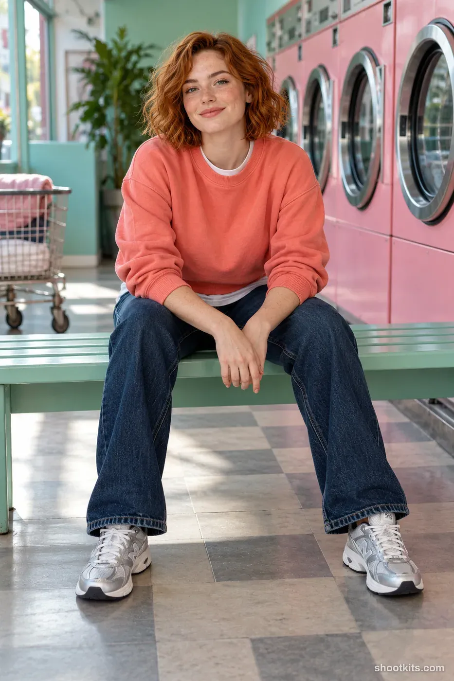Laundrette seat: streetwear photo made with ChatGPT. real mint laundrette with bubblegum-pink washer surrounds.