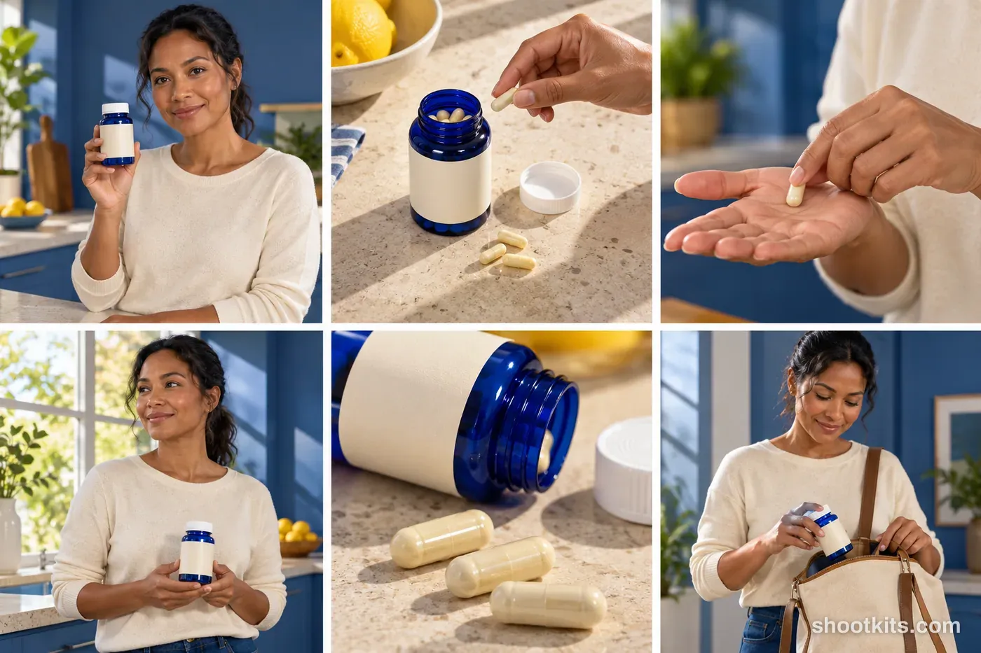 6-panel vitamins and capsules studio shoot with a model made with ChatGPT
