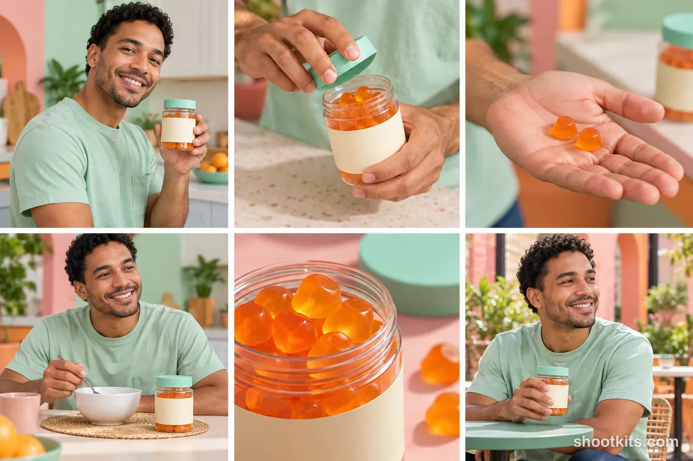 6-panel gummies studio shoot with a model made with ChatGPT