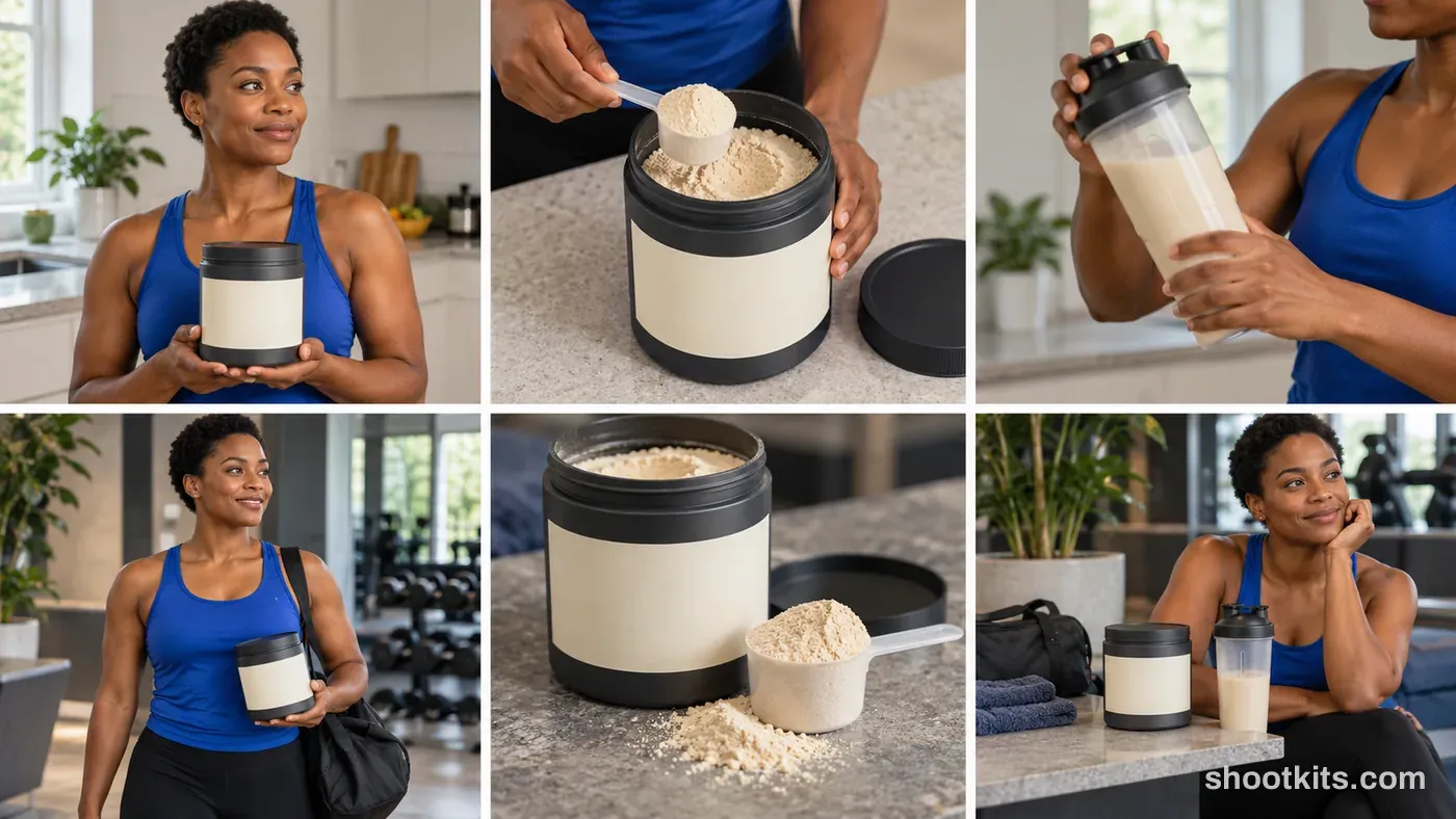 6-panel protein powders lifestyle shoot made with ChatGPT
