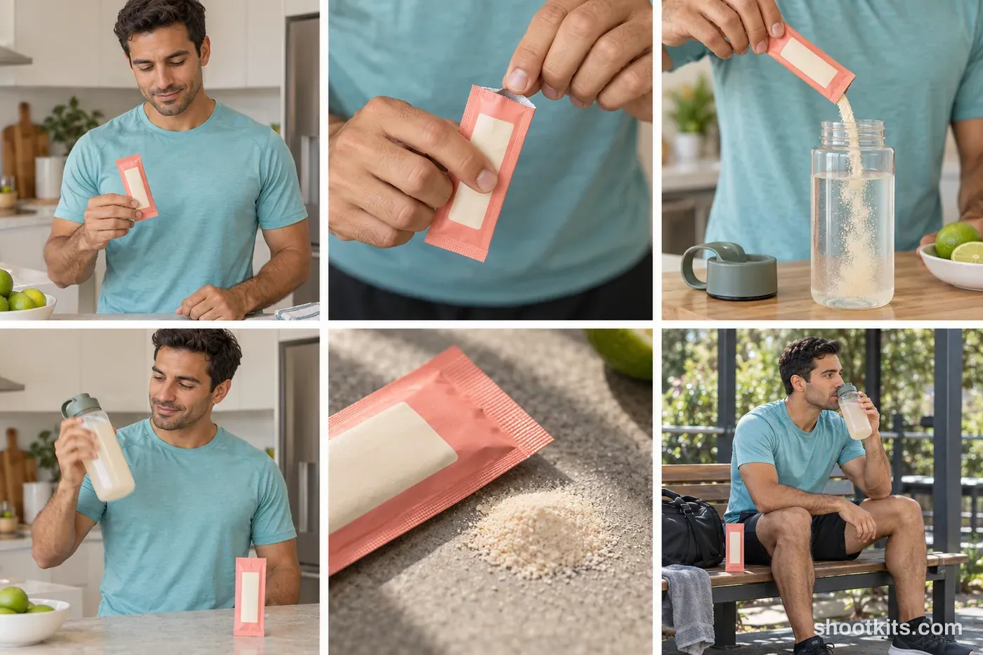 6-panel hydration and electrolytes lifestyle shoot made with ChatGPT