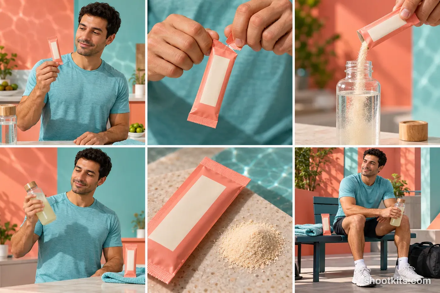 6-panel hydration and electrolytes studio shoot with a model made with ChatGPT