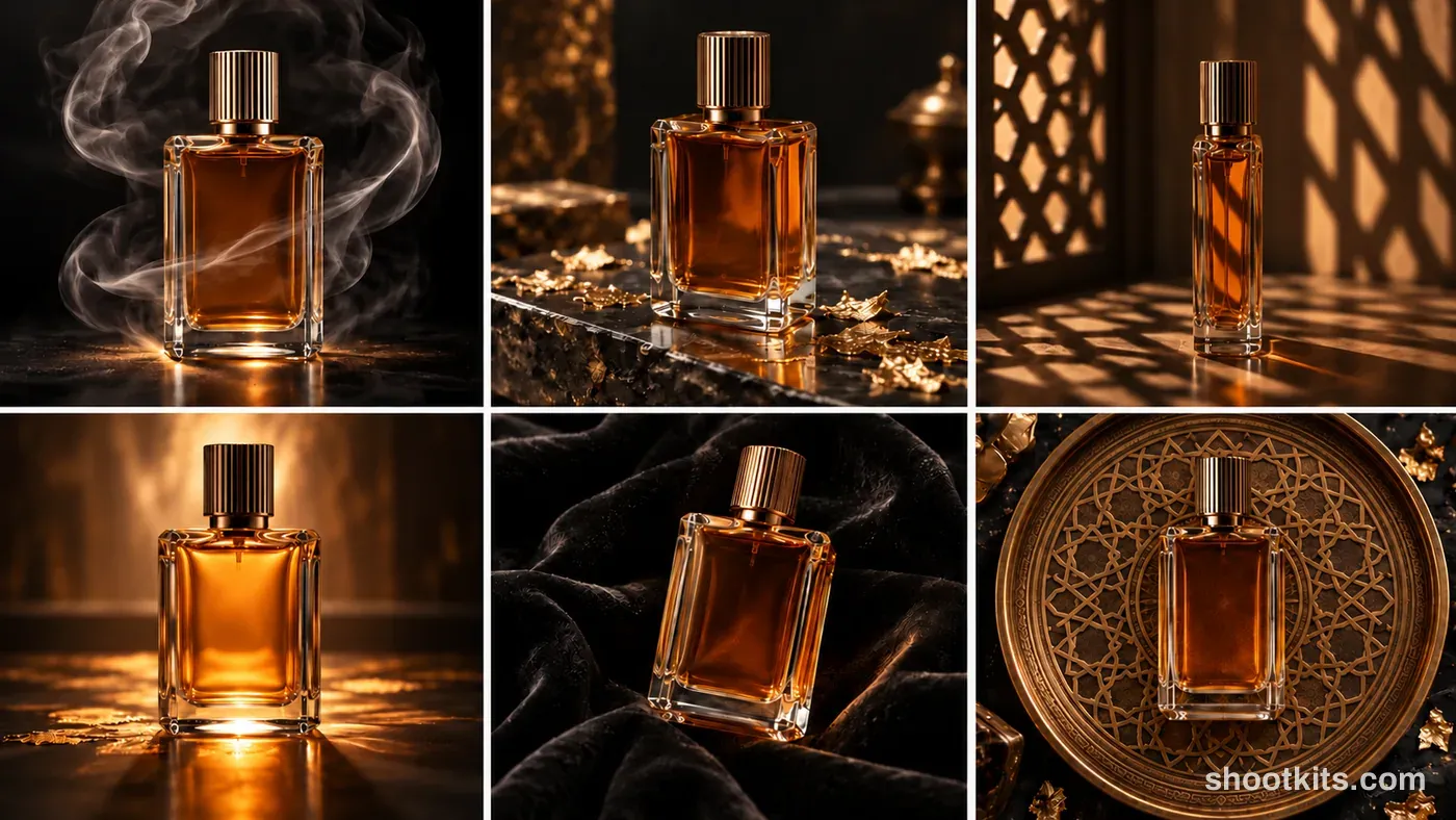 6-panel oud fragrance bold creative campaign made with ChatGPT